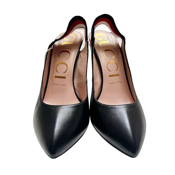 Gucci SYLVIE WEB LEATHER SLINGBACK HEELS PUMPS IN BLACK EU 38.5 EUC MSRP $795 - Picture 3 of 10